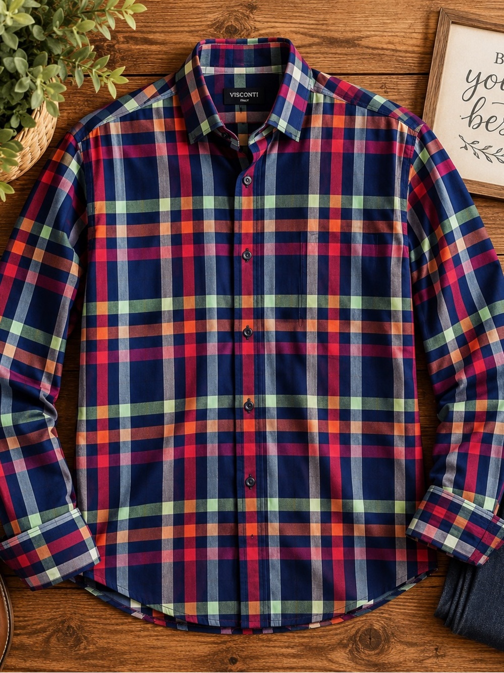 Visconti Men’s Plaid Button Down Shirt Small 100% Cotton Business Casual